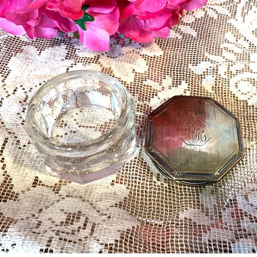 Vintage Art Deco Sterling Silver Top glass vanity jar monogram CRM - Picture 3 of 5